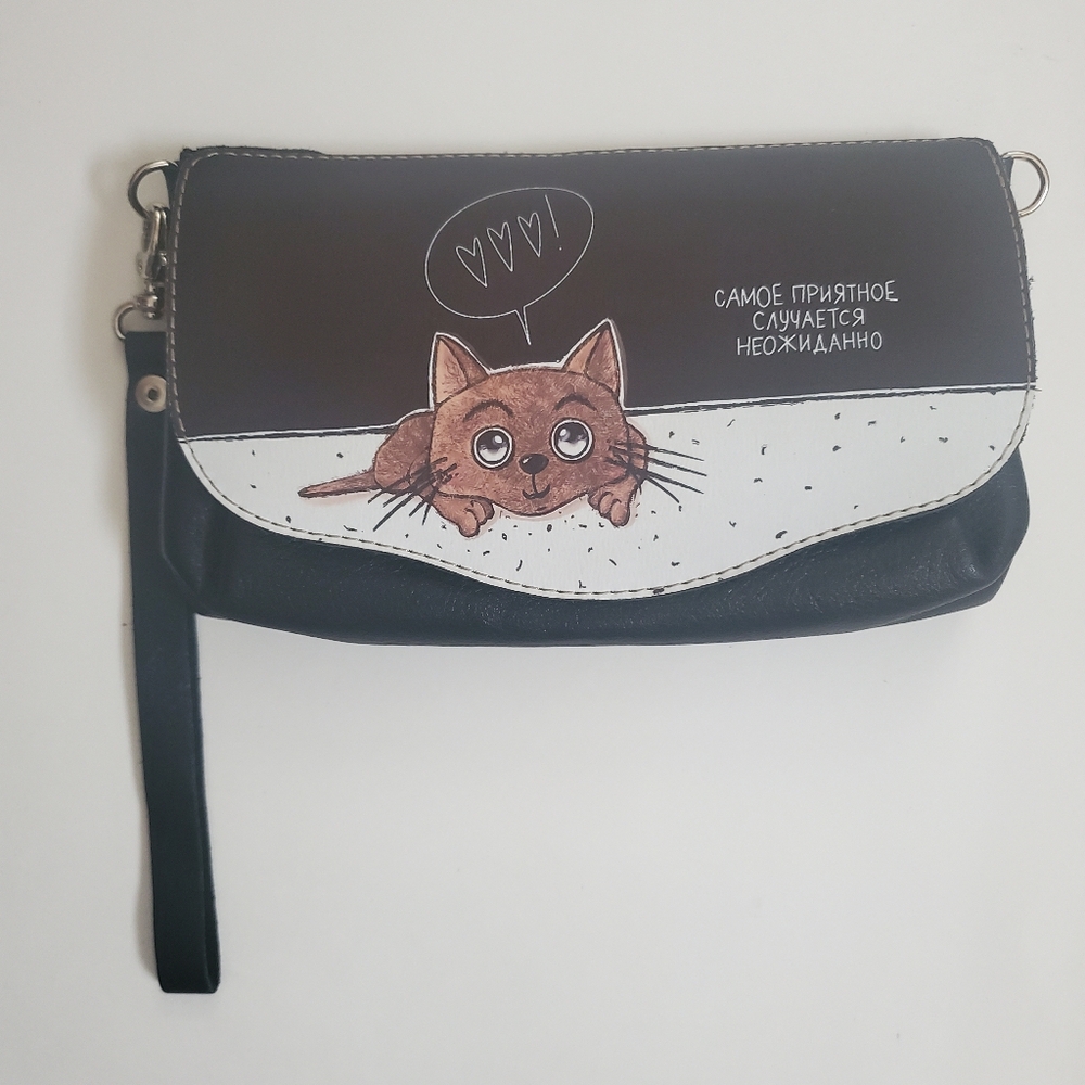 Cute Cat Idei gradem 2 flP brown&black leather Russian flap bag wallet WOMEN'S - Picture 10 of 15